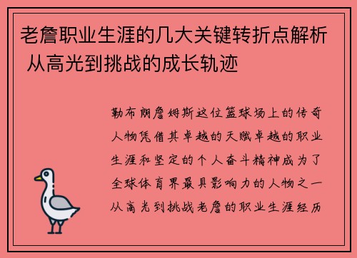 老詹职业生涯的几大关键转折点解析 从高光到挑战的成长轨迹 老詹职业生涯的几大关键转折点解析 从高光到挑战的成长轨迹