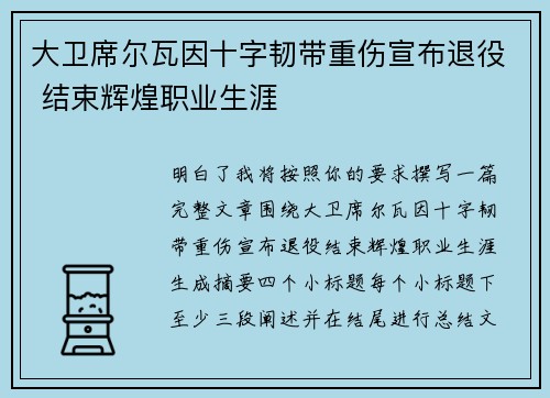 大卫席尔瓦因十字韧带重伤宣布退役 结束辉煌职业生涯