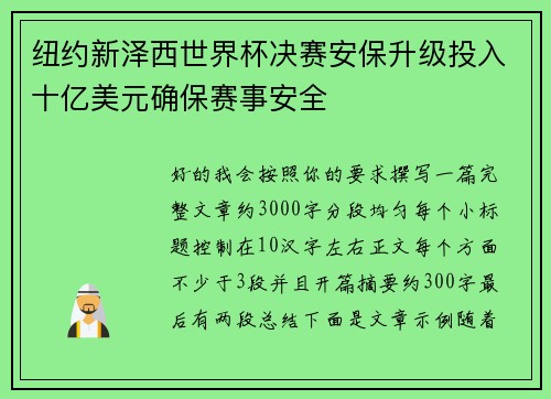 纽约新泽西世界杯决赛安保升级投入十亿美元确保赛事安全